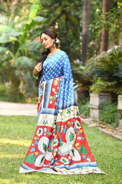 Blue Hand Painted Bishnupuri Silk Mark Certified Kalamkari Sarees