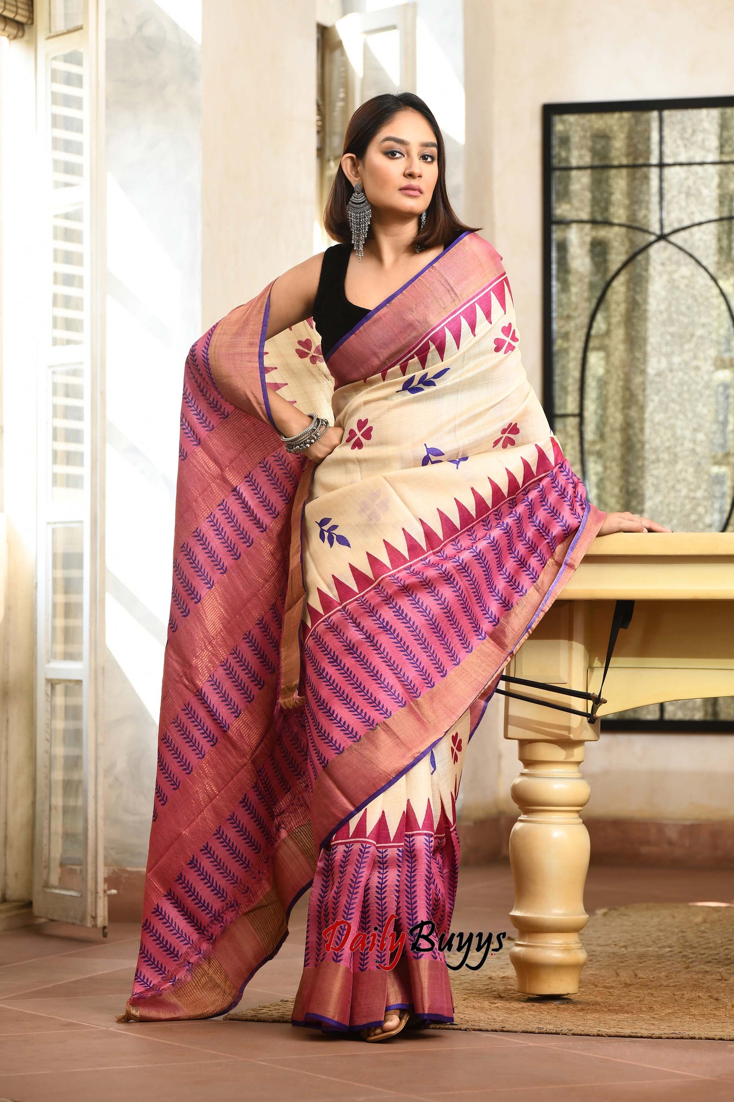 Pink Floral Block Printed Zari Border Pure Silk Mark Certified Tussar Silk Sarees