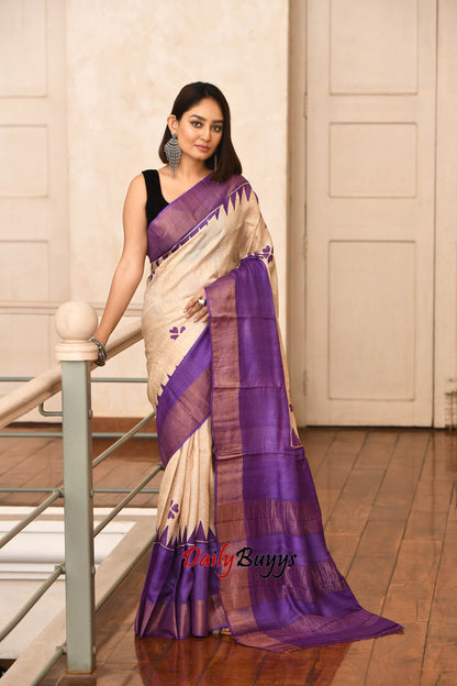 Purple Floral Block Printed Zari Border Pure Silk Mark Certified Tussar Silk Sarees