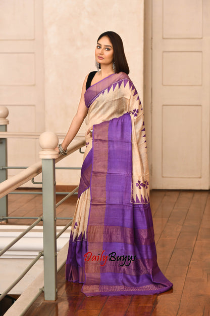 Purple Floral Block Printed Zari Border Pure Silk Mark Certified Tussar Silk Sarees