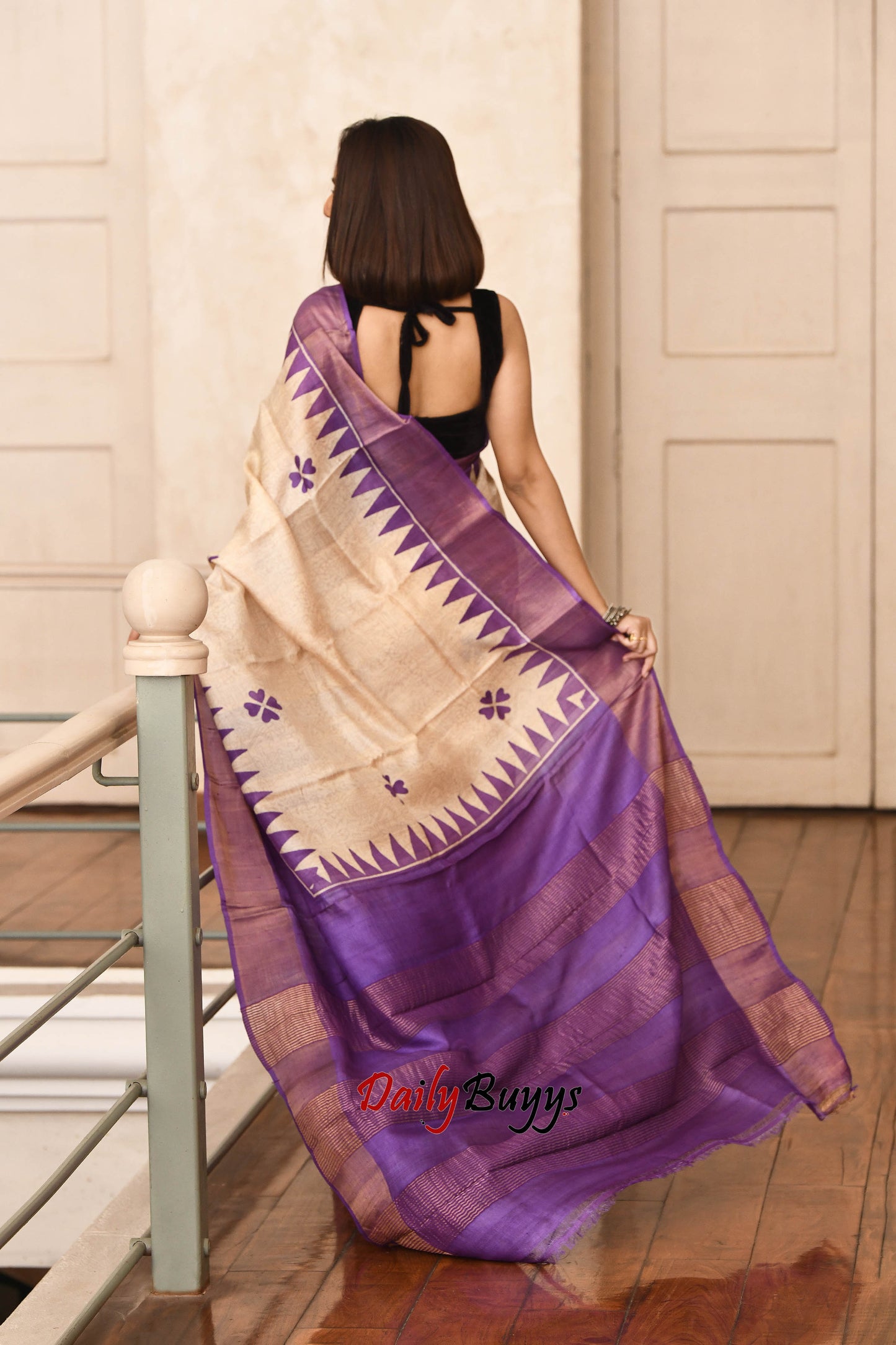 Purple Floral Block Printed Zari Border Pure Silk Mark Certified Tussar Silk Sarees