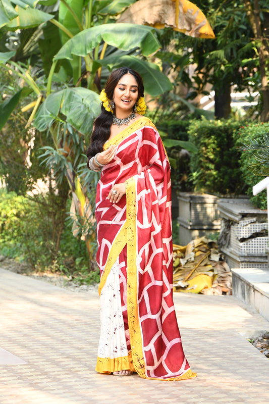 Red and White Crack Wax Hand Batik Printed Pure Silk Mark Certified Bishnupuri Silk Sarees