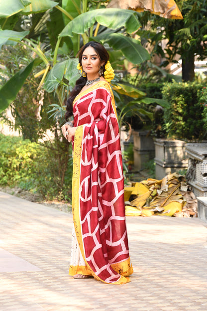 Red and White Crack Wax Hand Batik Printed Pure Silk Mark Certified Bishnupuri Silk Sarees