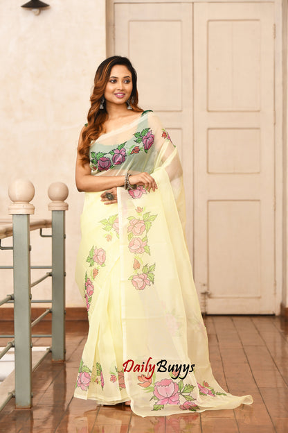 Yellow Digital Floral Print Organza Sarees