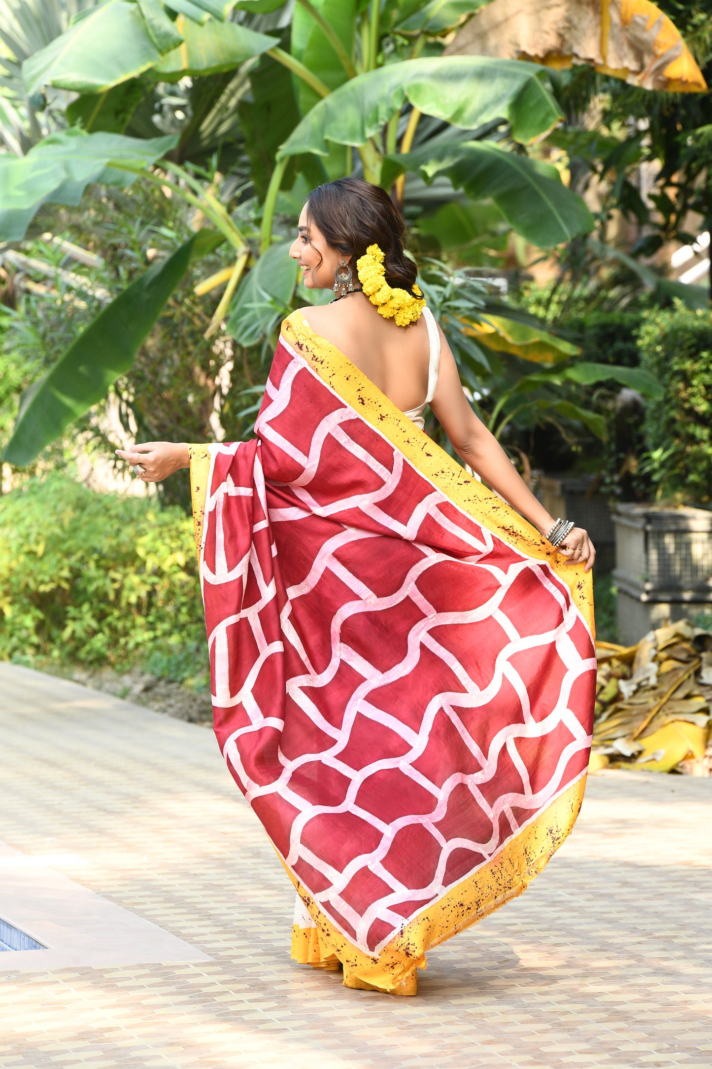 Red and White Crack Wax Hand Batik Printed Pure Silk Mark Certified Bishnupuri Silk Sarees