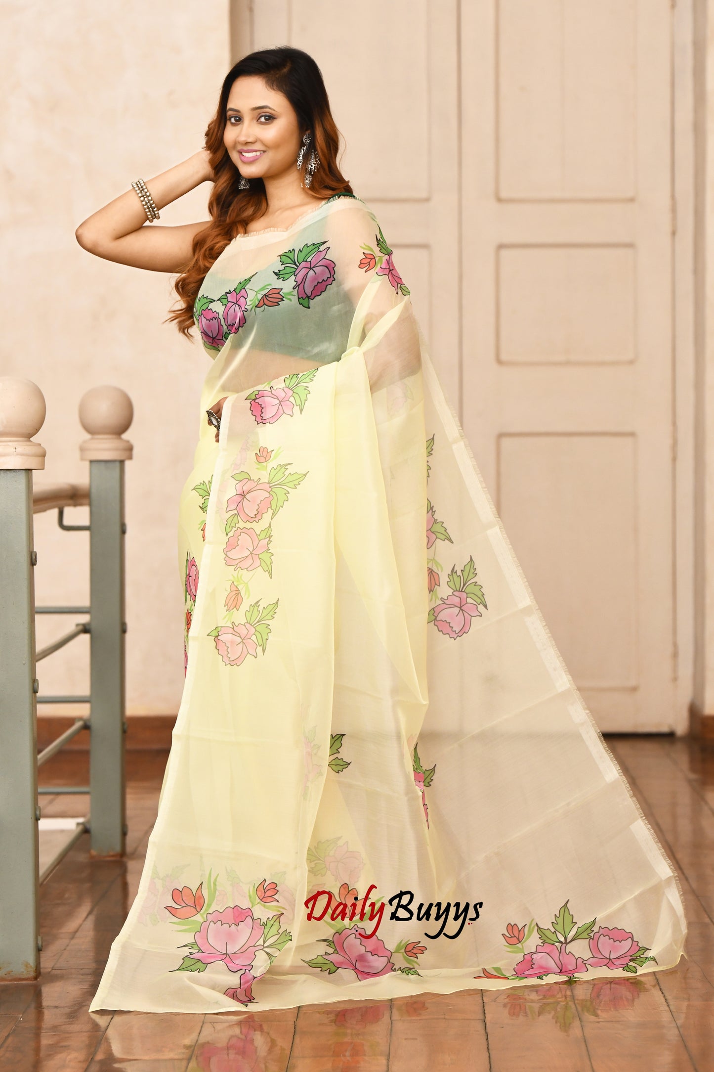 Yellow Digital Floral Print Organza Sarees