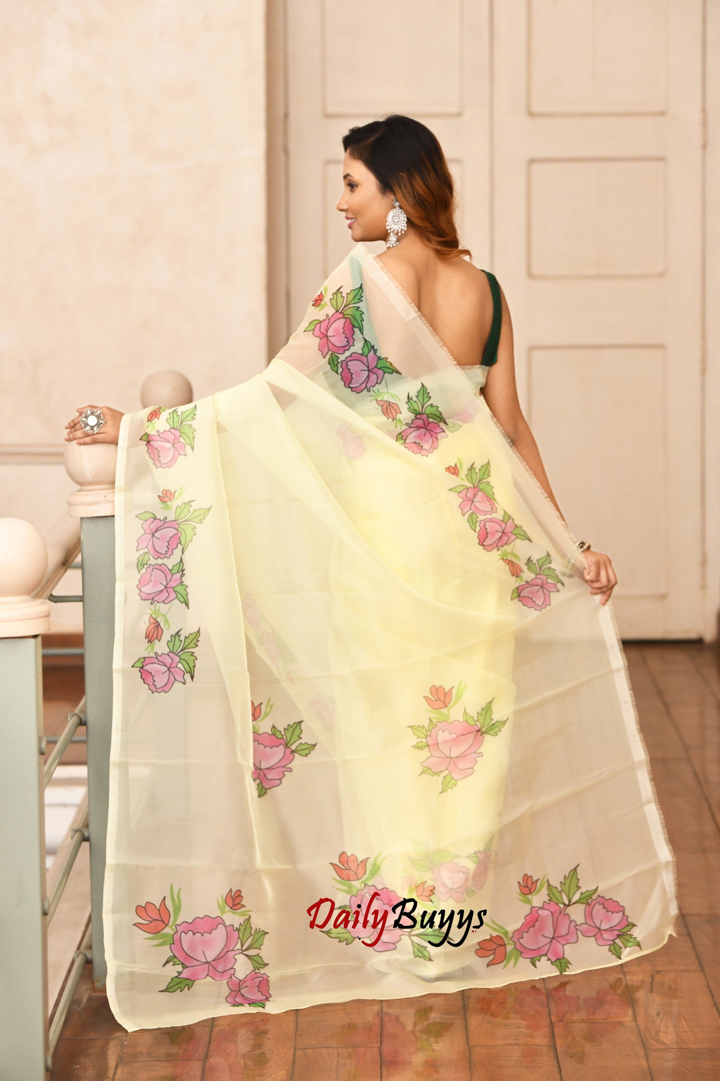 Yellow Digital Floral Print Organza Sarees