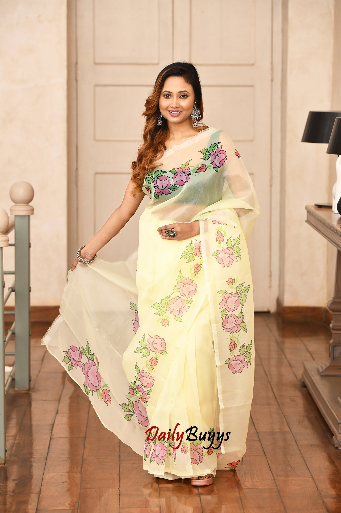 Yellow Digital Floral Print Organza Sarees