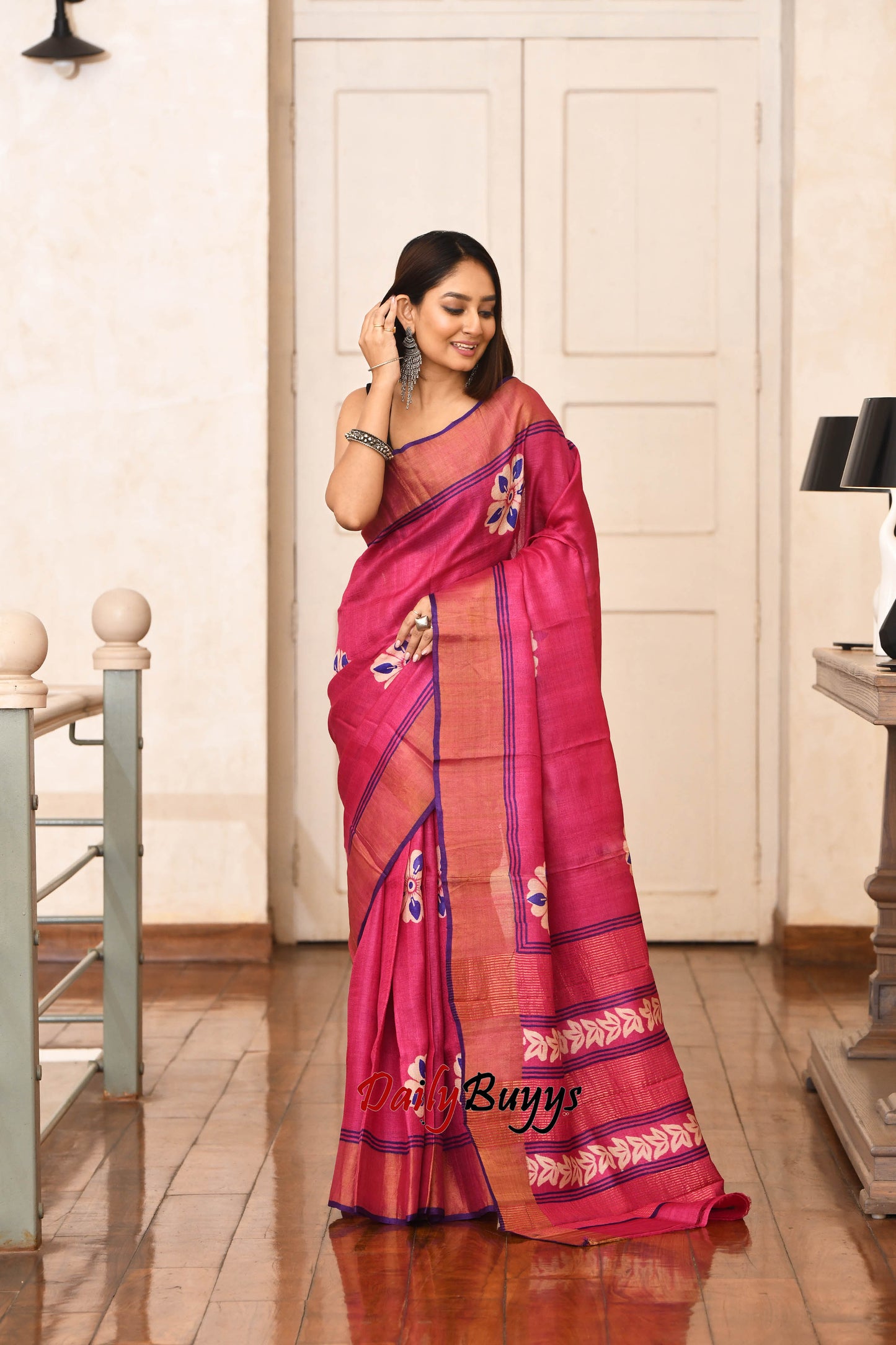 Pink Floral Block Printed Zari Border Pure Silk Mark Certified Tussar Silk Sarees