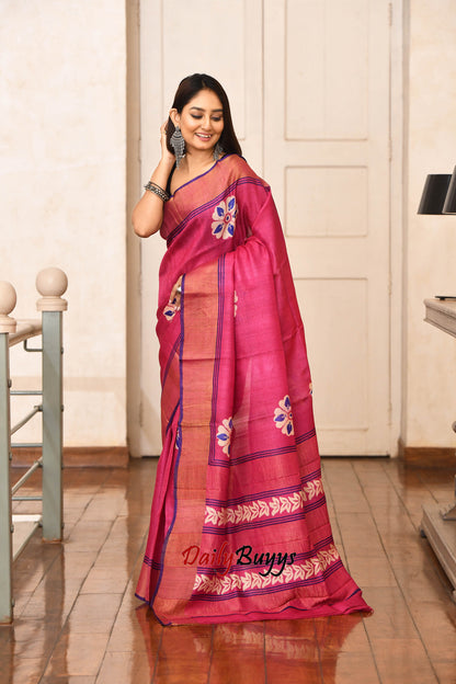 Pink Floral Block Printed Zari Border Pure Silk Mark Certified Tussar Silk Sarees