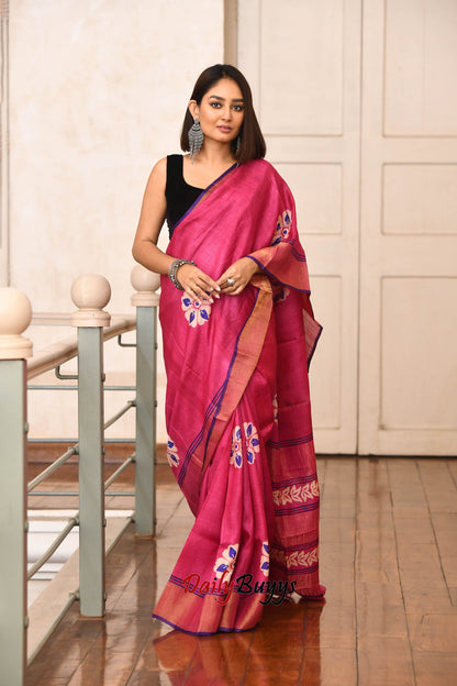 Pink Floral Block Printed Zari Border Pure Silk Mark Certified Tussar Silk Sarees