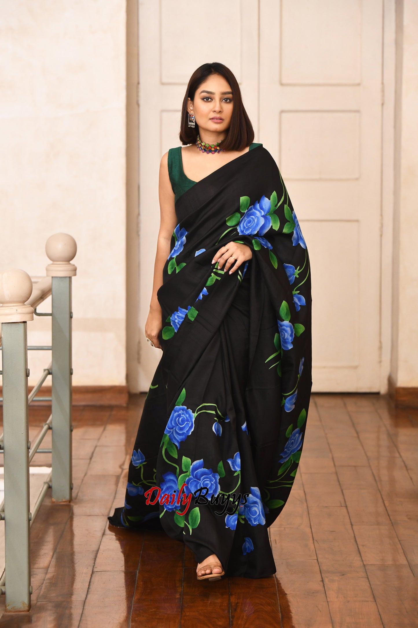 Midnight Blue Rose Symphony Hand Painted Pure Silk Mark Certified Bishnupuri Silk Sarees