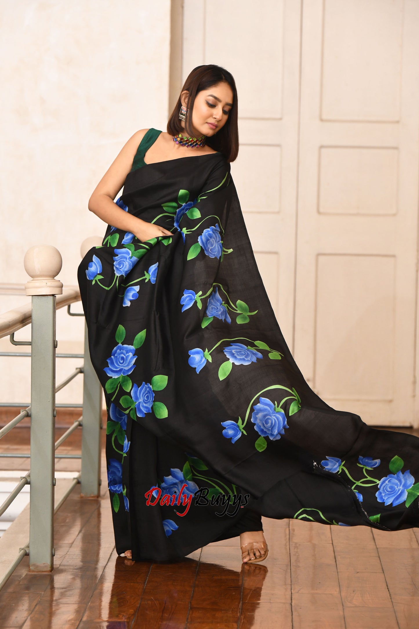 Midnight Blue Rose Symphony Hand Painted Pure Silk Mark Certified Bishnupuri Silk Sarees