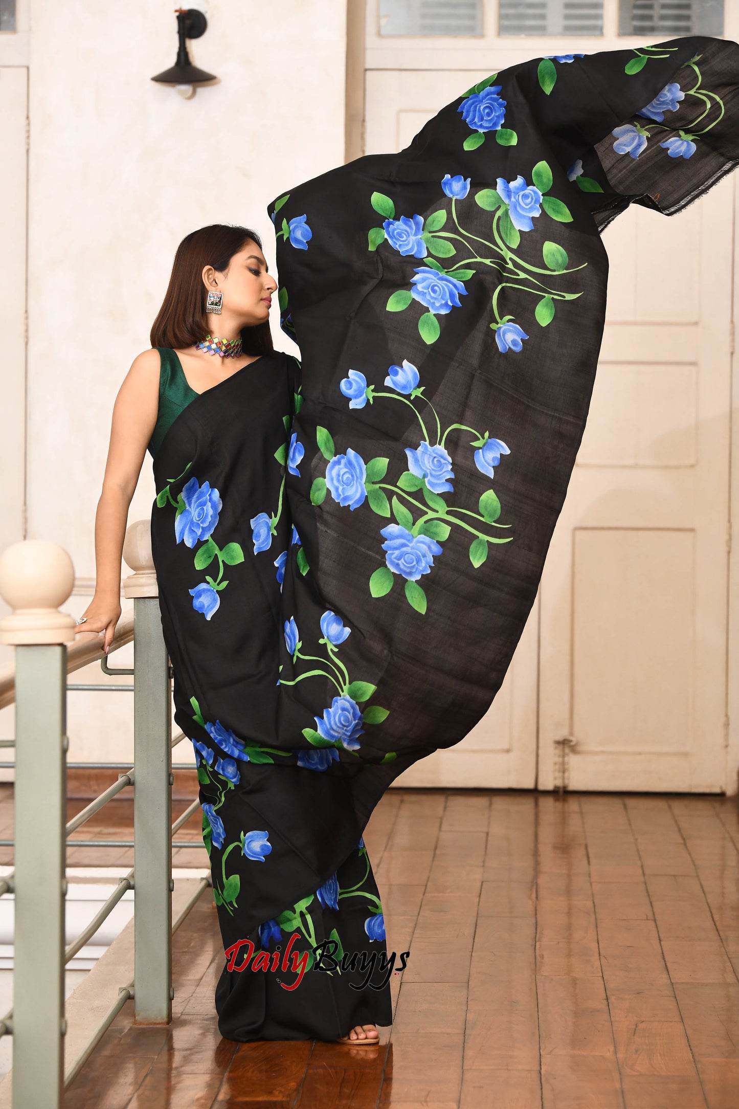 Midnight Blue Rose Symphony Hand Painted Pure Silk Mark Certified Bishnupuri Silk Sarees