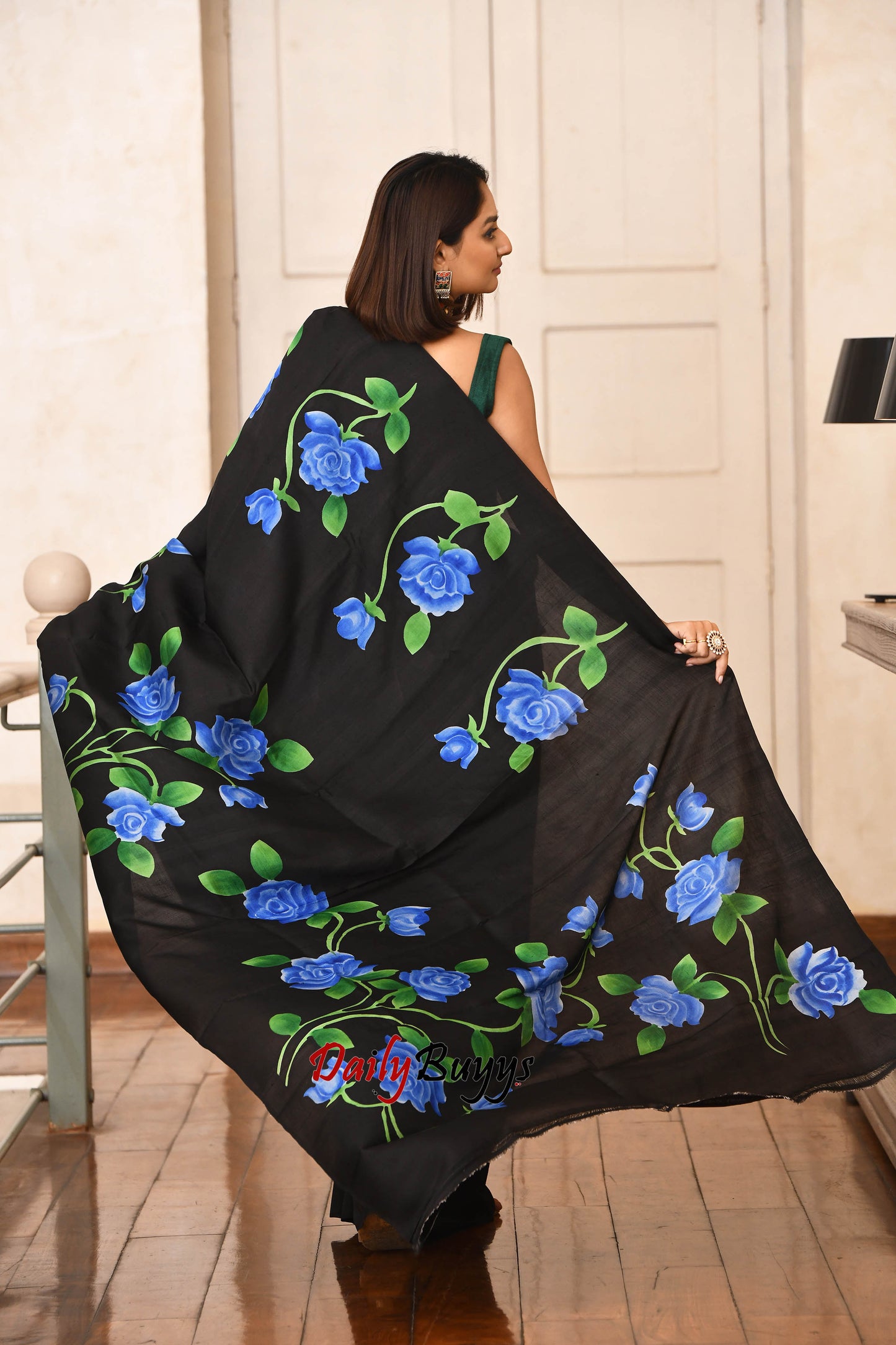 Midnight Blue Rose Symphony Hand Painted Pure Silk Mark Certified Bishnupuri Silk Sarees