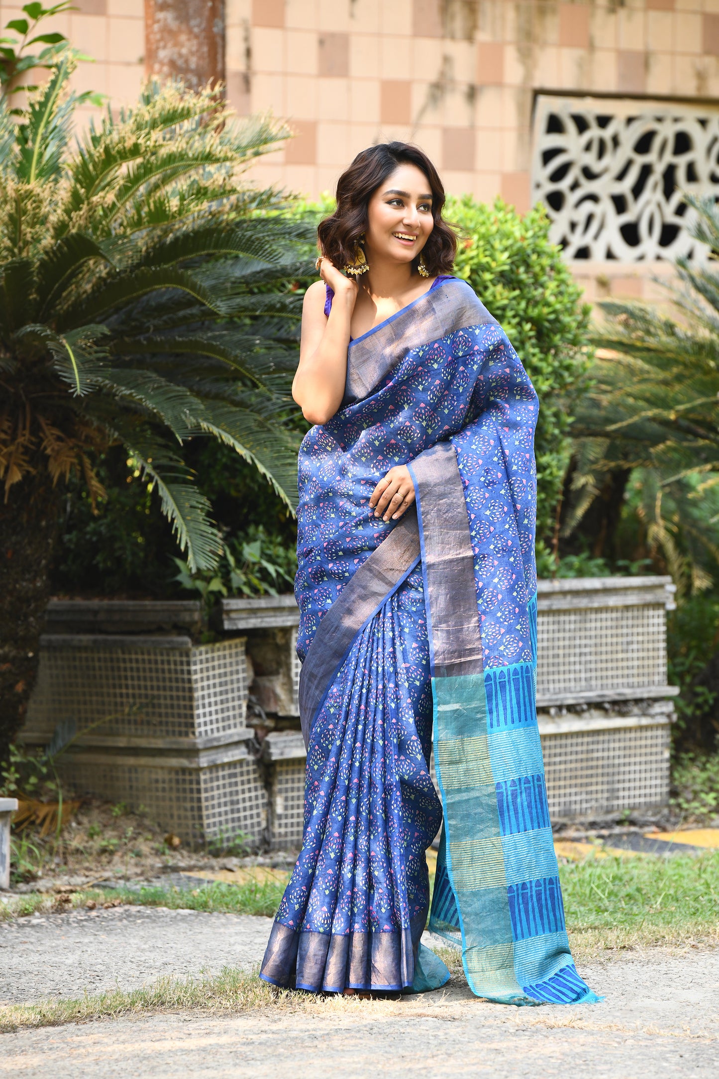 Blue Beautiful Block Printed Zari Border Pure Silk Mark Certified Tussar Silk Sarees