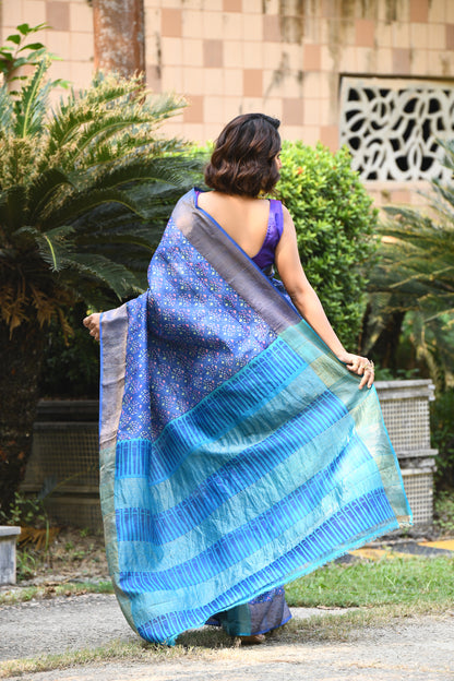 Blue Beautiful Block Printed Zari Border Pure Silk Mark Certified Tussar Silk Sarees