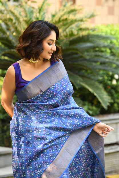 Blue Beautiful Block Printed Zari Border Pure Silk Mark Certified Tussar Silk Sarees