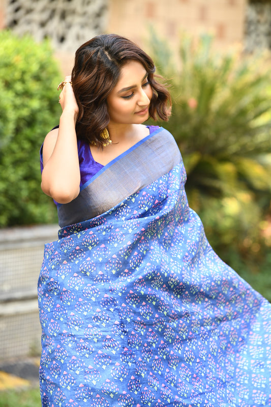 Blue Beautiful Block Printed Zari Border Pure Silk Mark Certified Tussar Silk Sarees