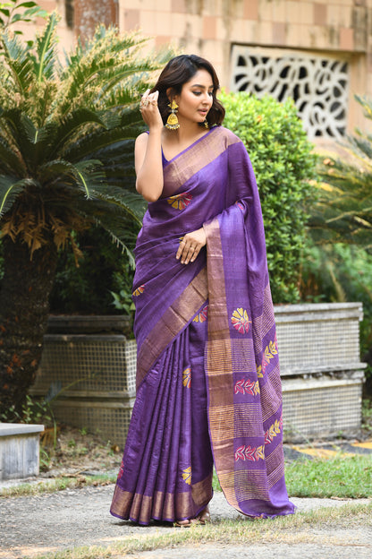 Purple Floral Block Printed Zari Tussar Silk Sarees