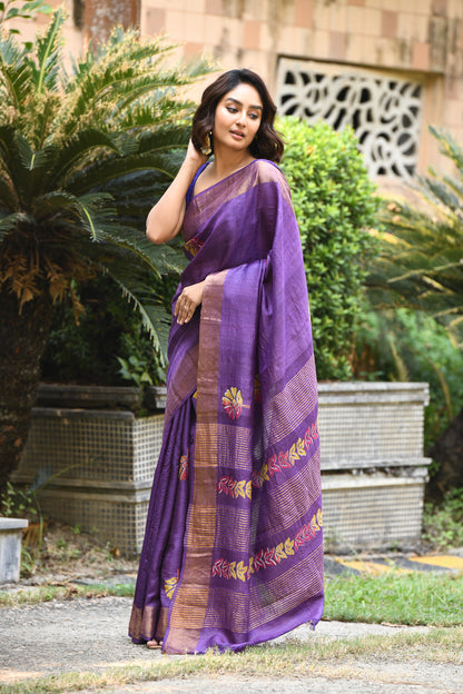 Purple Floral Block Printed Zari Tussar Silk Sarees