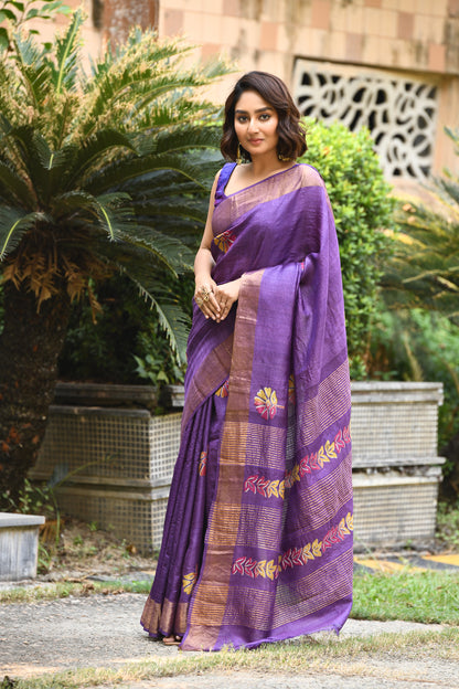 Purple Floral Block Printed Zari Tussar Silk Sarees