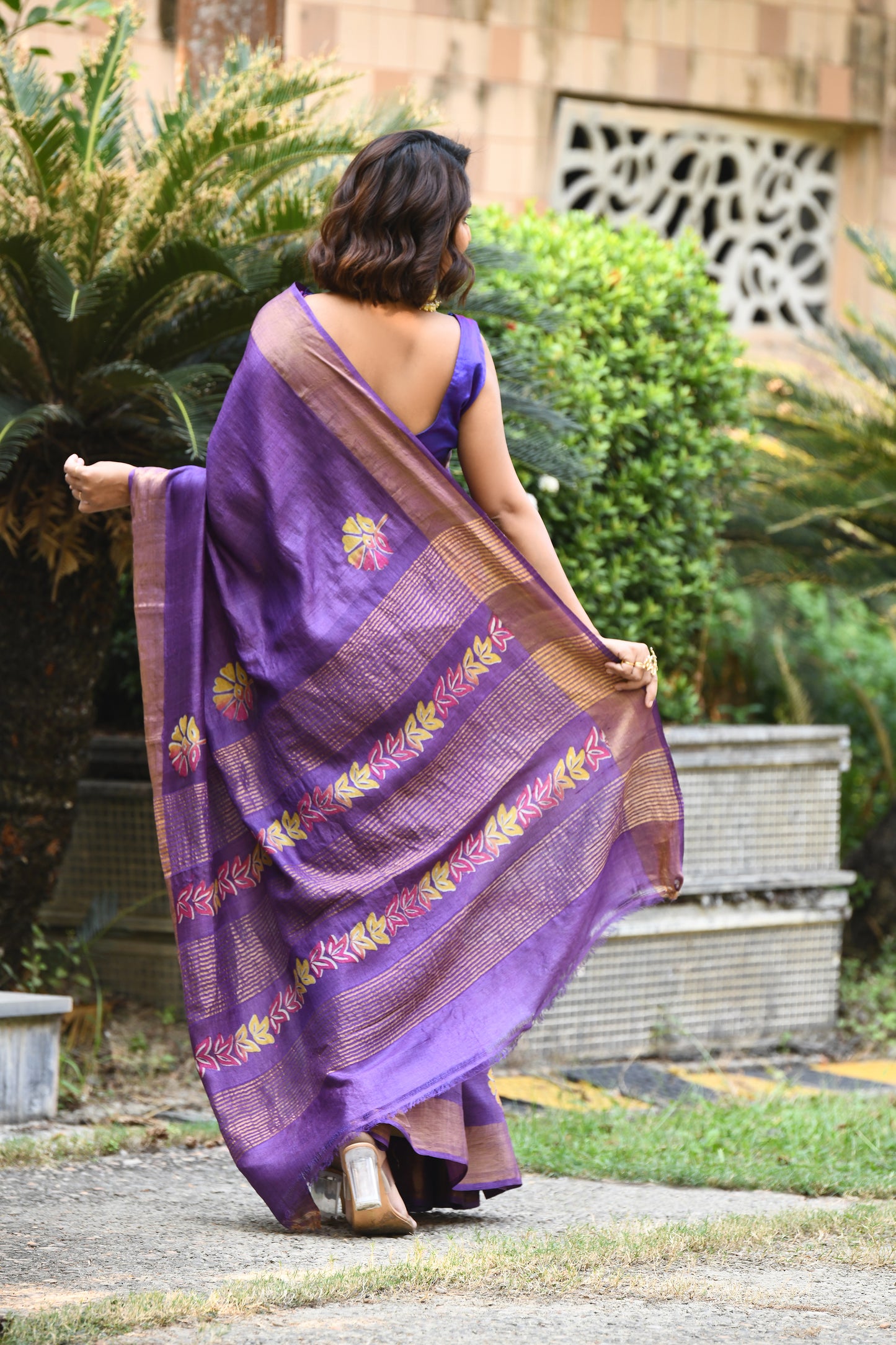 Purple Floral Block Printed Zari Tussar Silk Sarees