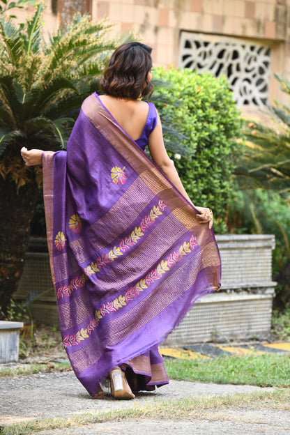 Purple Floral Block Printed Zari Tussar Silk Sarees