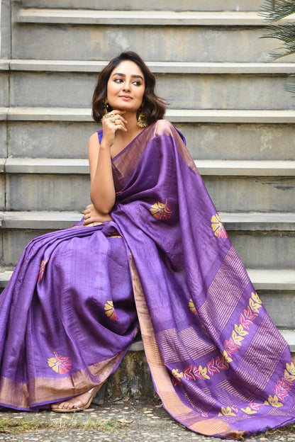 Purple Floral Block Printed Zari Tussar Silk Sarees