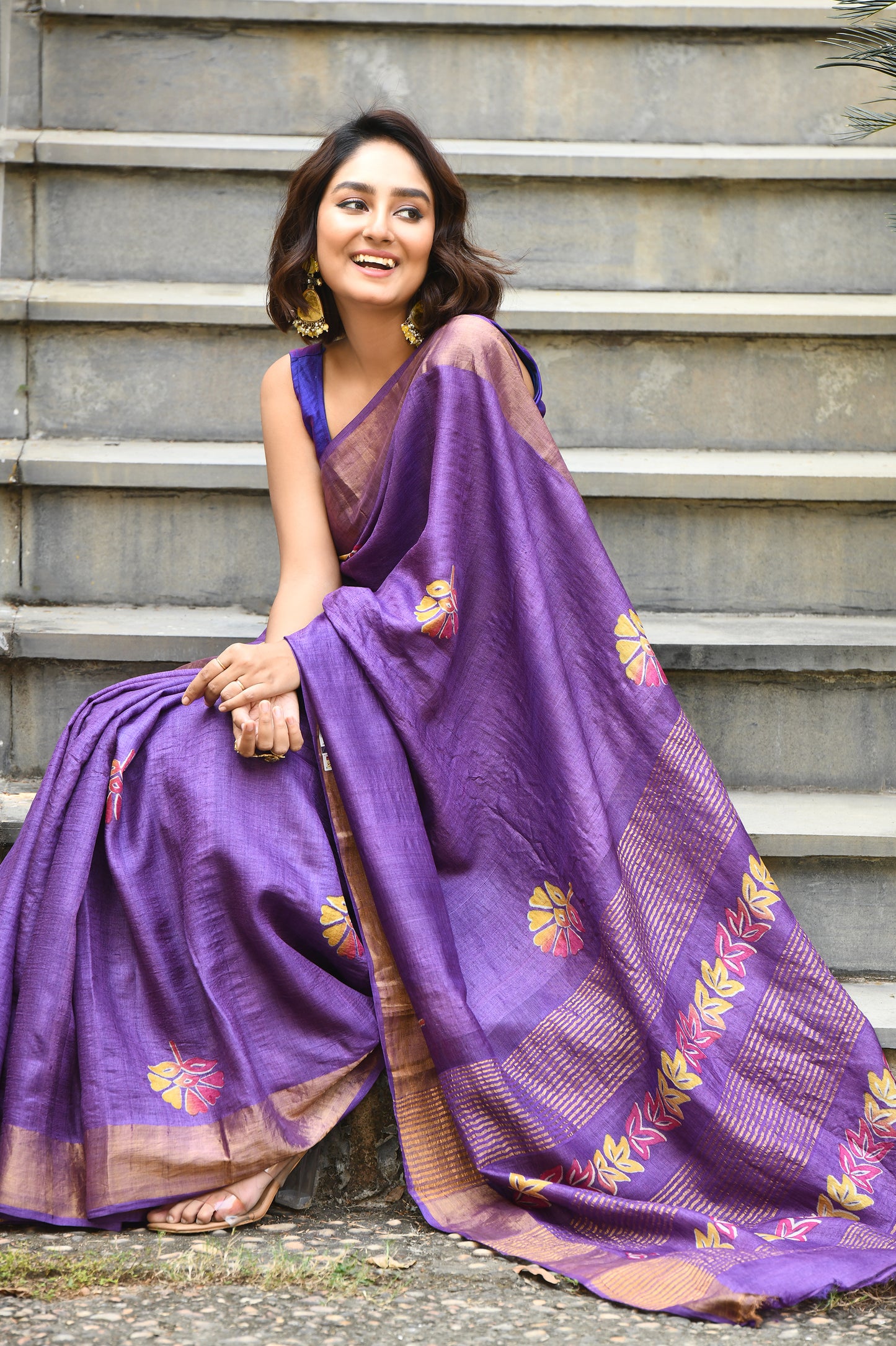 Purple Floral Block Printed Zari Tussar Silk Sarees