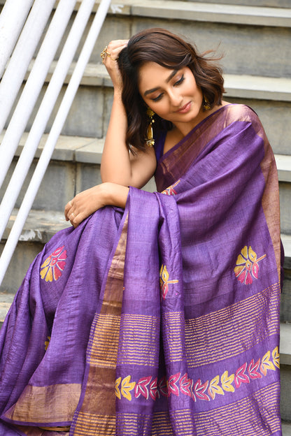 Purple Floral Block Printed Zari Tussar Silk Sarees