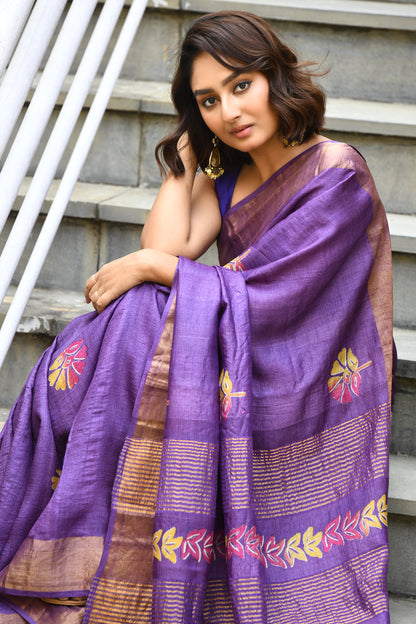 Purple Floral Block Printed Zari Tussar Silk Sarees