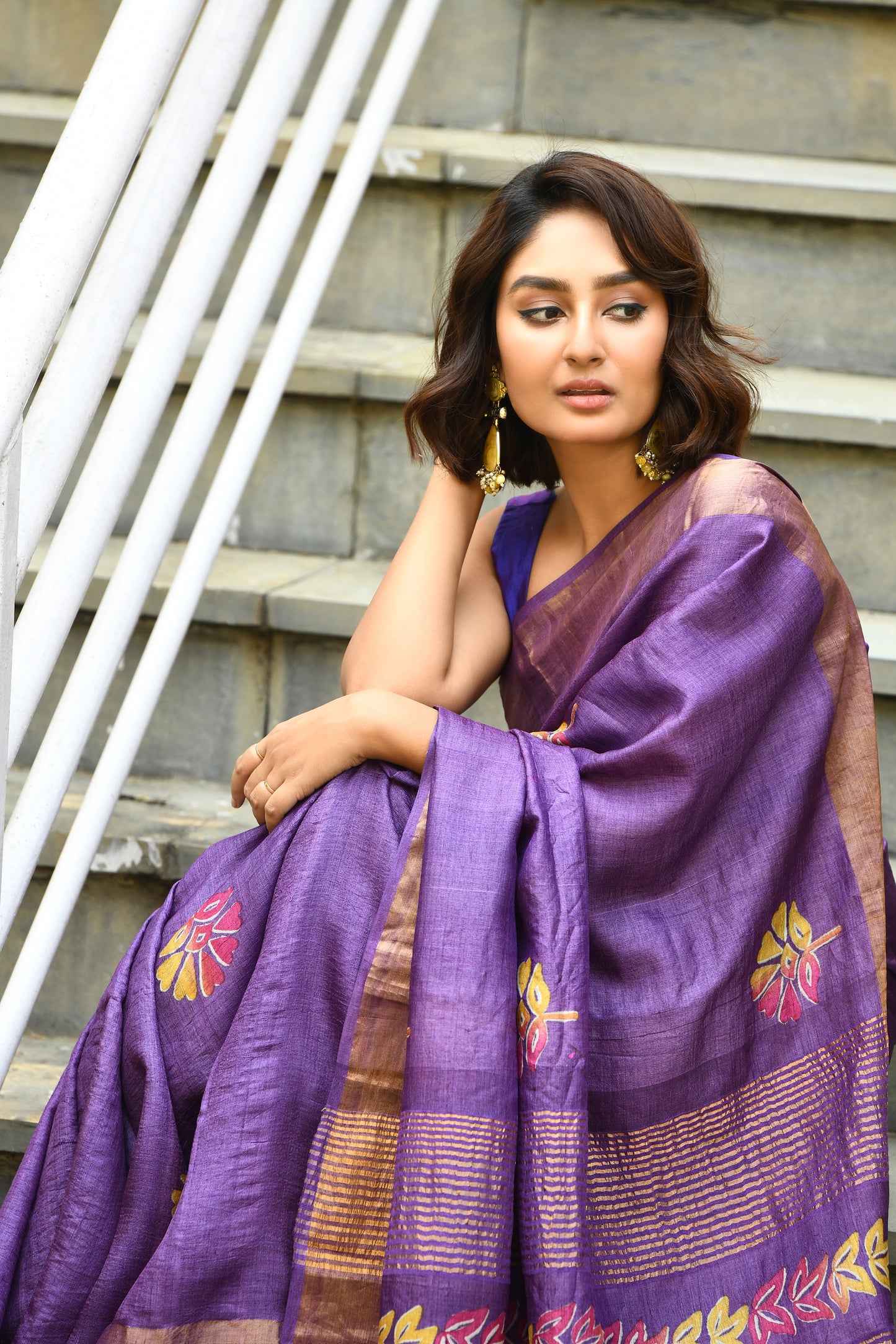 Purple Floral Block Printed Zari Tussar Silk Sarees