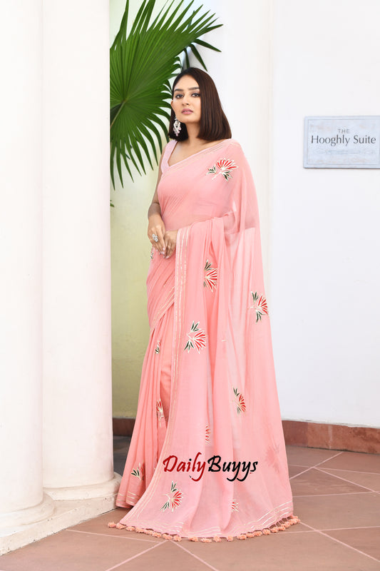 Pink & Golden Zari Border Soft Mulmul Cotton Handloom Sarees - Dailybuyys