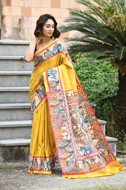 Yellow And MultiColour Madhubani Handpaint Pure Silk Mark Certified Tussar Ghicha Silk Sarees