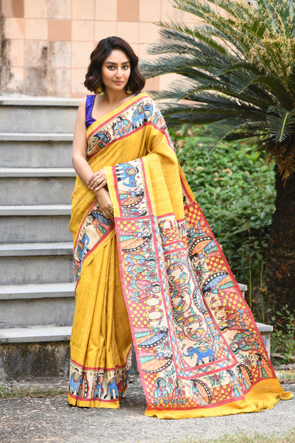 Yellow And MultiColour Madhubani Handpaint Pure Silk Mark Certified Tussar Ghicha Silk Sarees