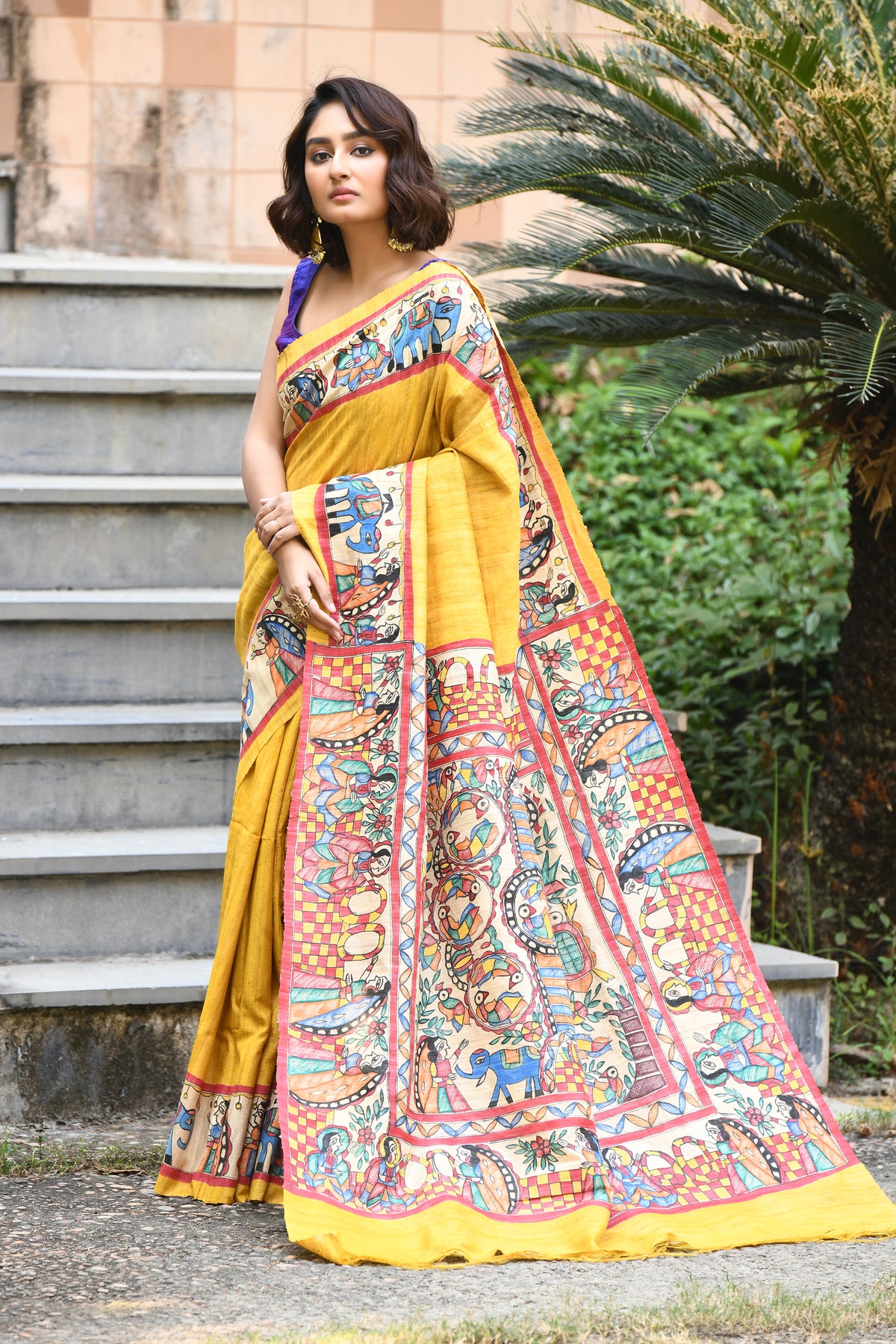 Yellow And MultiColour Madhubani Handpaint Pure Silk Mark Certified Tussar Ghicha Silk Sarees - Dailybuyys