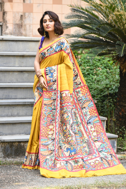 Yellow And MultiColour Madhubani Handpaint Pure Silk Mark Certified Tussar Ghicha Silk Sarees