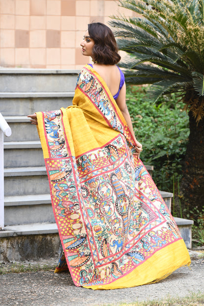 Yellow And MultiColour Madhubani Handpaint Pure Silk Mark Certified Tussar Ghicha Silk Sarees