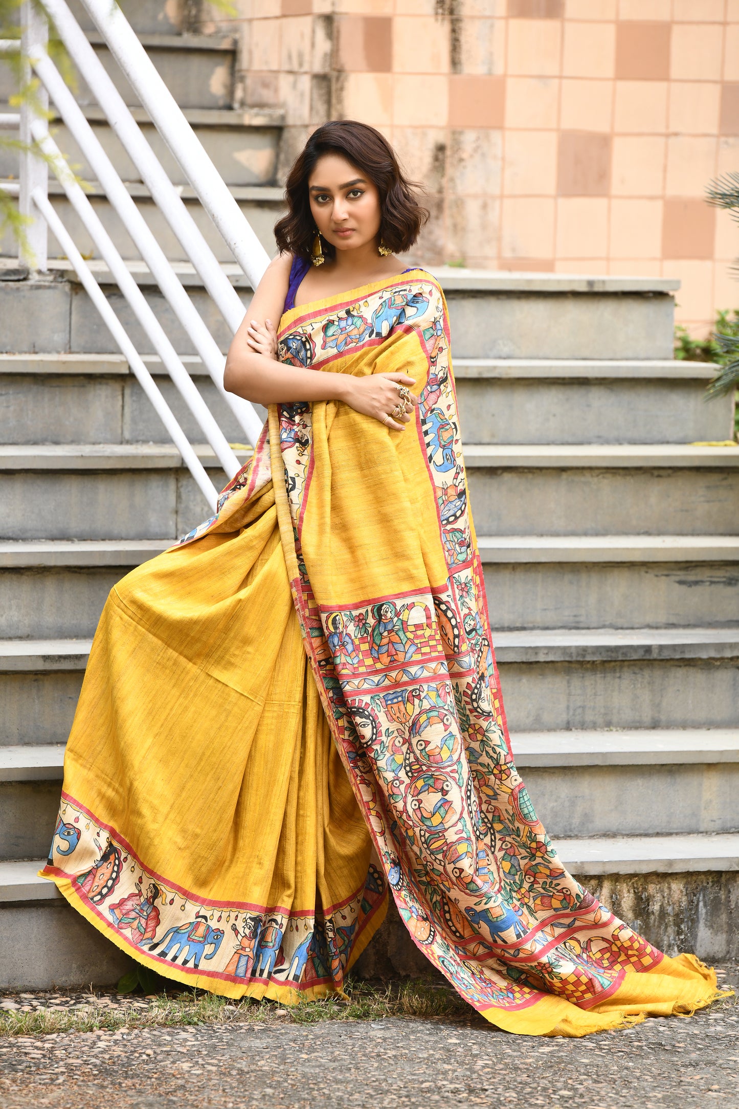 Yellow And MultiColour Madhubani Handpaint Pure Silk Mark Certified Tussar Ghicha Silk Sarees