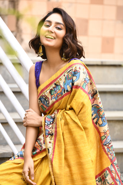 Yellow And MultiColour Madhubani Handpaint Pure Silk Mark Certified Tussar Ghicha Silk Sarees