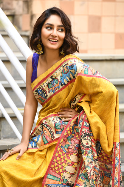 Yellow And MultiColour Madhubani Handpaint Pure Silk Mark Certified Tussar Ghicha Silk Sarees