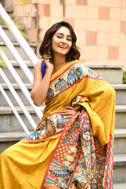 Yellow And MultiColour Madhubani Handpaint Pure Silk Mark Certified Tussar Ghicha Silk Sarees