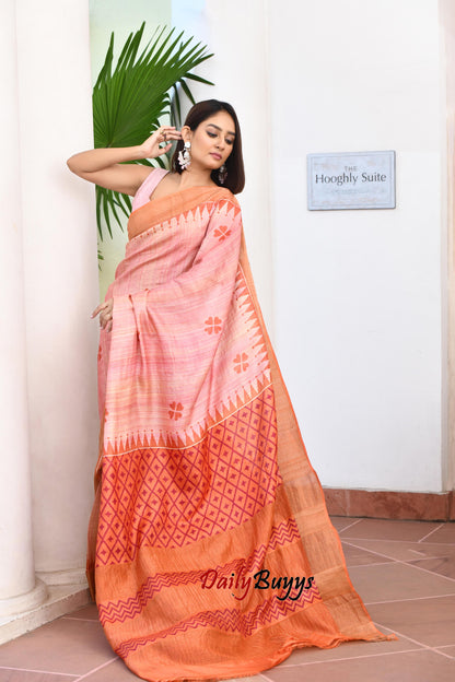 Stylish Peach Block Printed Zari Border Pure Silk Mark Certified Tussar Silk Sarees