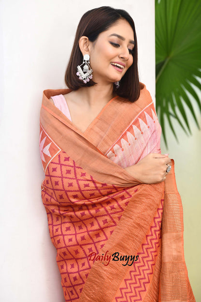 Stylish Peach Block Printed Zari Border Pure Silk Mark Certified Tussar Silk Sarees