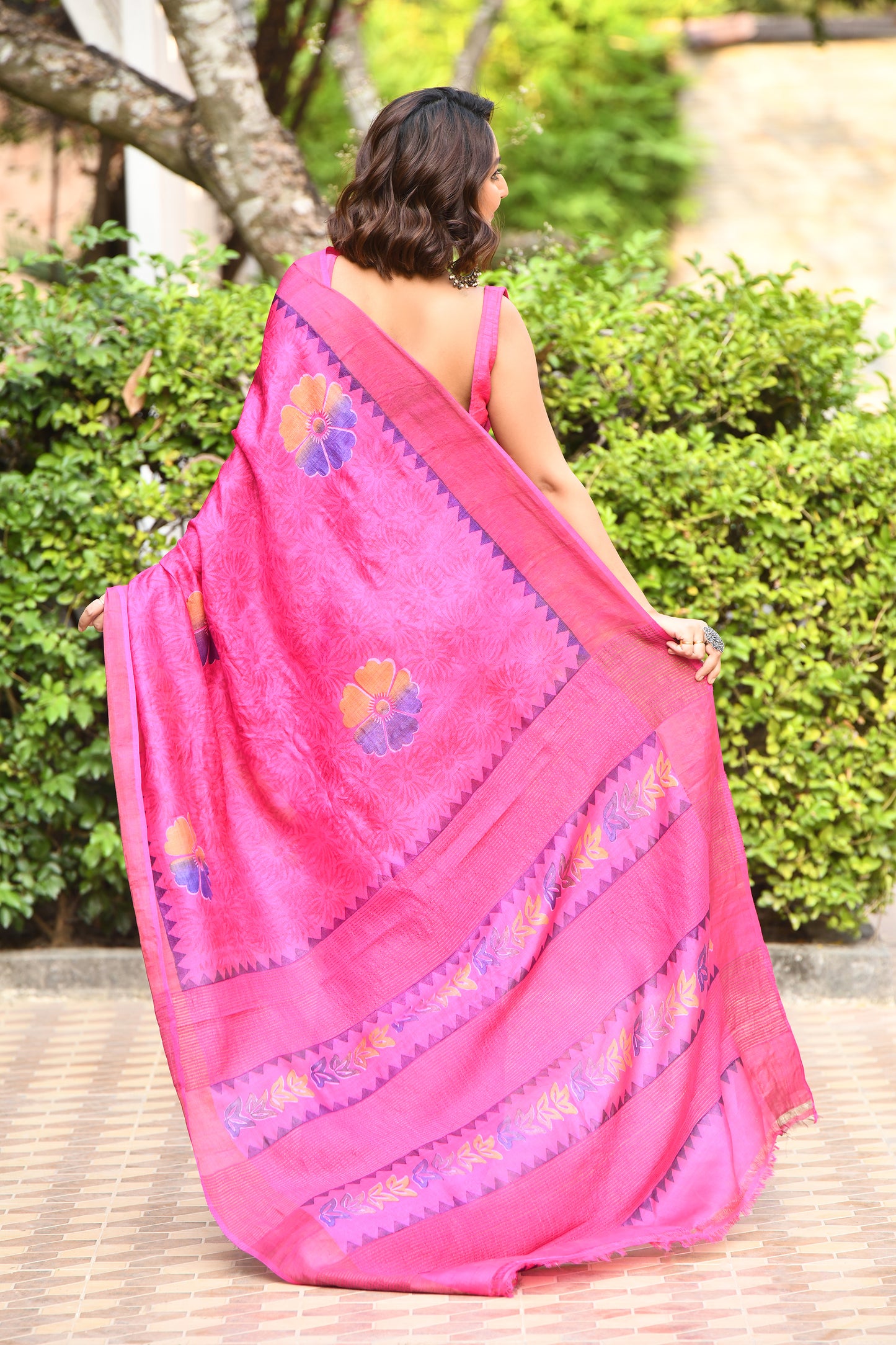 Pink Floral Block Printed Zari Border Pure Tussar Sarees