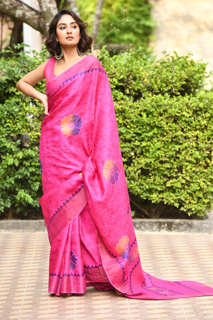 Pink Floral Block Printed Zari Border Pure Tussar Sarees