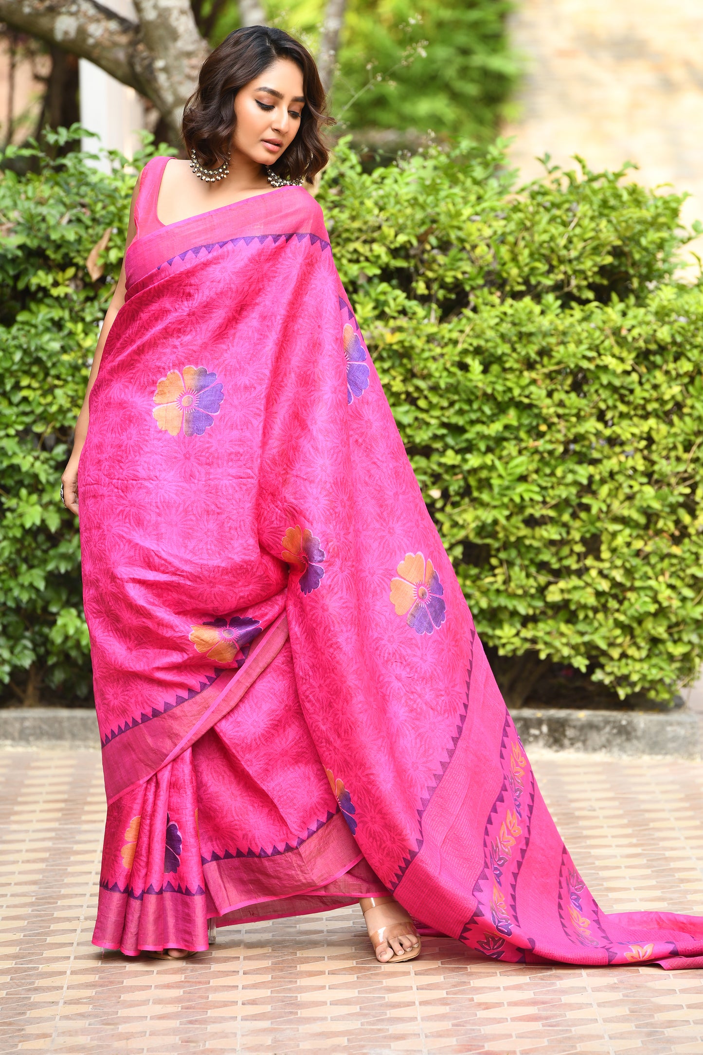 Pink Floral Block Printed Zari Border Pure Tussar Sarees