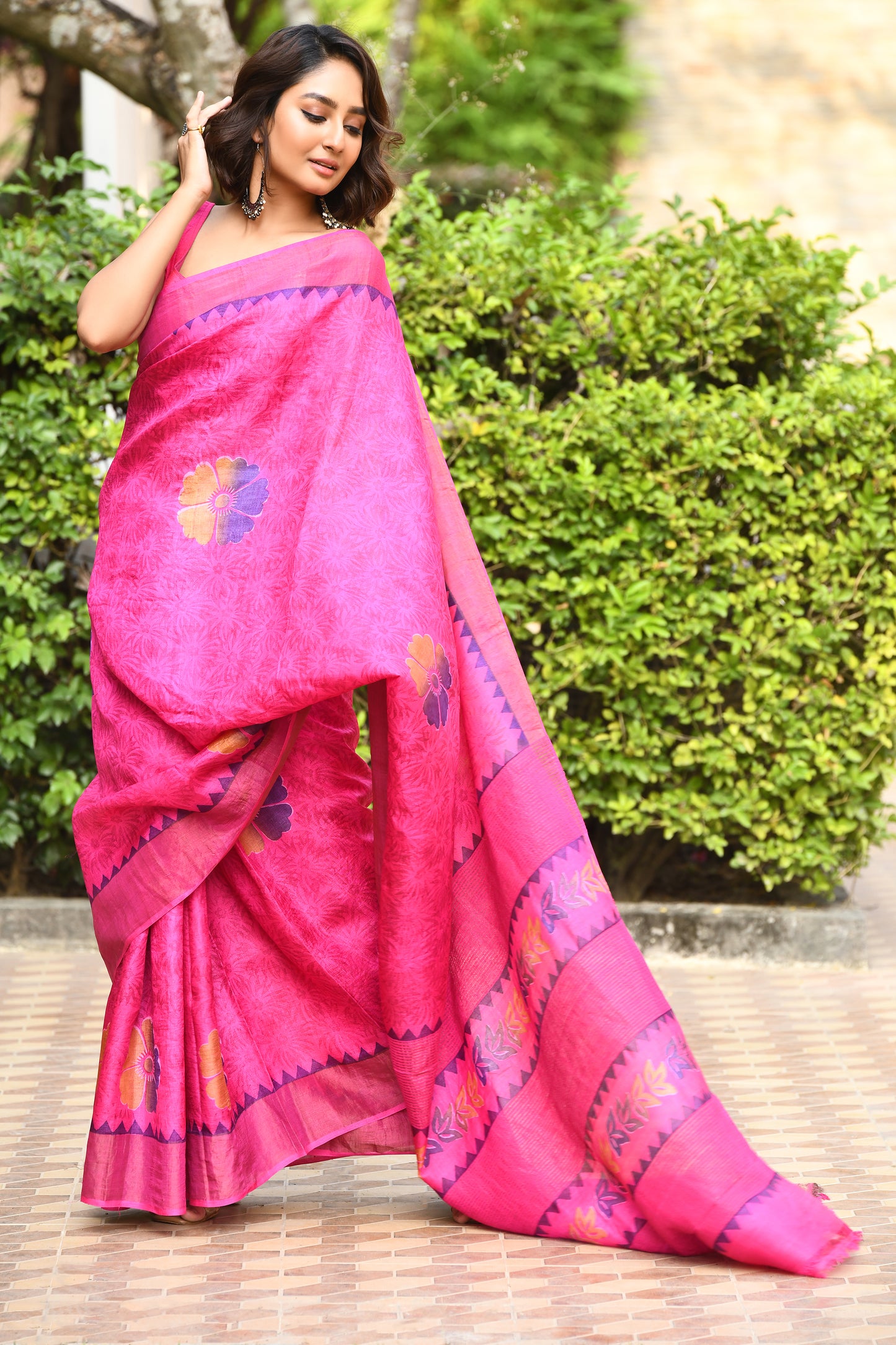 Pink Floral Block Printed Zari Border Pure Tussar Sarees