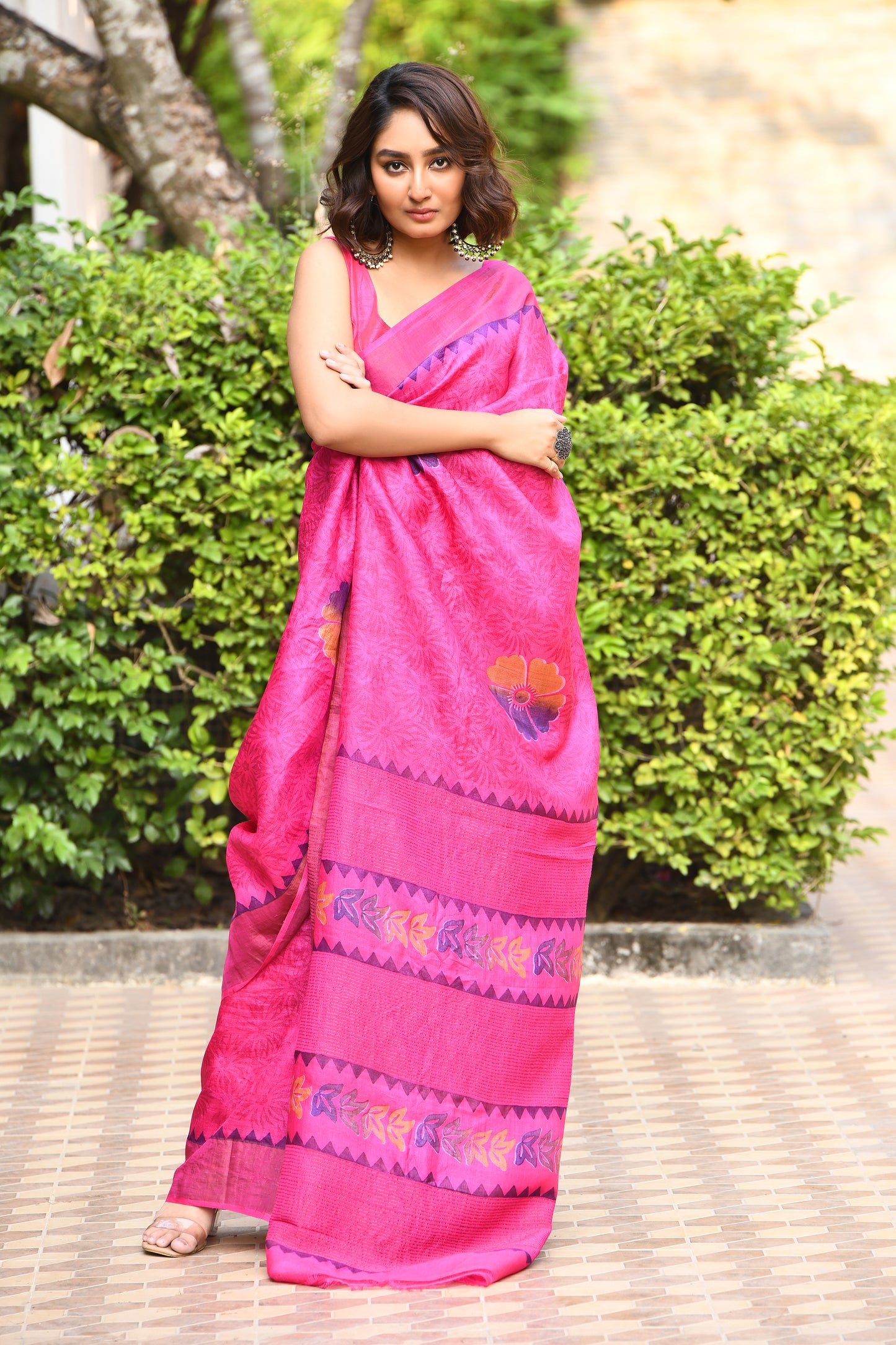 Pink Floral Block Printed Zari Border Pure Tussar Sarees